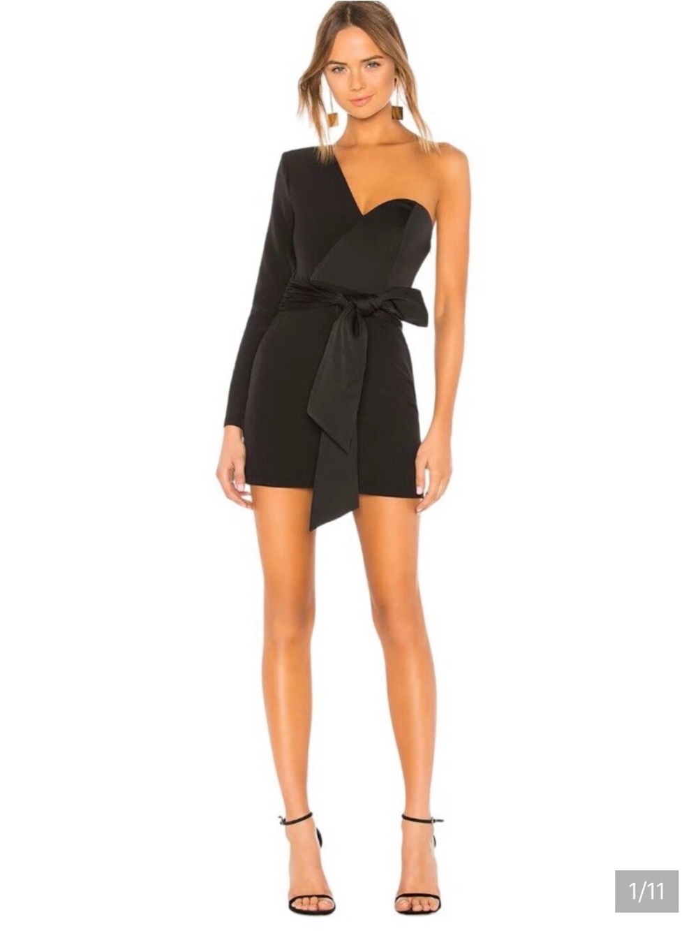 NBD One-Shoulder Black Mini Dress with Waist Tie